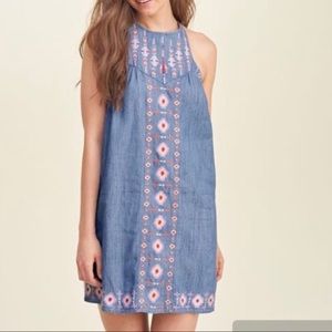 Hollister Chambray Boho Embroidered Halter Sheath… - image 1